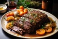 A mouthwatering combination of perfectly cooked meat and fresh vegetables served on a pristine white plate, serving pot roast with