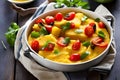 Mouthwatering creamy polenta enhanced by the sweetness of the tomatoes and fresh vegetables, creating a memorable dining