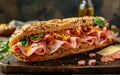 A mouthwatering deli-style sandwich with layers of flavorful cured meats, melted cheese, and crisp vegetables on a Royalty Free Stock Photo