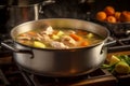 A mouthwatering dish, chicken stew soup in a pot in the kitchen. Chef. Royalty Free Stock Photo