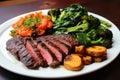 A mouthwatering dish consisting of steak, broccoli, and potatoes beautifully plated on a white dish, A mouthwatering steak dinner