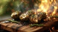 A mouthwatering dish of woodfired artichokes grilled to a perfect golden brown and p on a wooden board. Perfectly Royalty Free Stock Photo