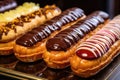 A mouthwatering display of different types of donuts arranged neatly on a tray, ready to be enjoyed, An assortment of luscious