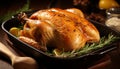 Mouthwatering golden brown roast chicken with crispy skin cooked to perfection in a sizzling pan