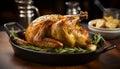 Mouthwatering and golden brown roast chicken, expertly cooked to perfection in a sizzling pan
