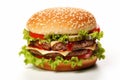 Mouthwatering Gourmet Double Cheeseburger with Fresh Ingredients on a Clean White Background