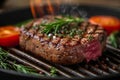 Mouthwatering grilled steak presented rare on a stylish plate