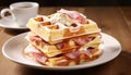 Mouthwatering ham and cheese filled waffles, beautifully plated and ready to be enjoyed