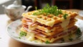 Mouthwatering ham and cheese filled waffles, exquisitely presented and poised for ultimate enjoyment