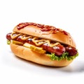 Highly Realistic Hotdog With Ketchup And Mustard On White Background