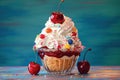 a mouthwatering ice cream sundae, artfully topped with a colorful array of sprinkles, whipped cream, and a cherry on top