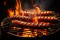 Mouthwatering image featuring hot dogs sizzling on grill with vibrant flames in background. Perfect for illustrating out