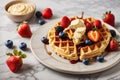 A plate of belgian waffles with fresh fruits