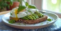 a mouthwatering image of poached egg avocado toast with fresh basil Royalty Free Stock Photo