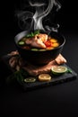 Soul-Warming Hot Steaming Soup Served in Style on a Black Stone Platter. Generative AI