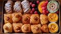 Tray of Danish pastries, featuring flaky, buttery layers filled with sweet fruits, creamy cheese, and rich chocolate