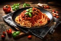 A mouthwatering image showcasing a plate of perfectly cooked spaghetti pasta generously coated with a savory tomato beef sauce. Royalty Free Stock Photo