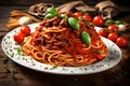 A mouthwatering image showcasing a plate of perfectly cooked spaghetti pasta generously coated with a savory tomato beef sauce. Royalty Free Stock Photo