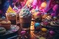 Mouthwatering images of vegan desserts such as dairy-free ice cream, decadent cakes, and chocolate treats. Generative Ai