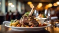 A mouthwatering lamb shank, tender and succulent, accompanied by aromatic herbs and a savory