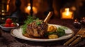 A mouthwatering lamb shank, tender and succulent, accompanied by aromatic herbs and a savory Royalty Free Stock Photo