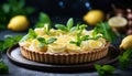 Mouthwatering lemon pie with a zesty citrus flavor presented on a charming rustic wooden background