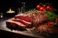 Mouthwatering medium rare steak, grilled and roasted. Succulent beef, presented in large piece and sliced on cutting board dark