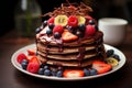 Mouthwatering Pancakes fruits chocolate honey. Generate Ai