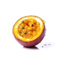 Mouthwatering part of fresh passion fruit with drops of water, isolated on a white background, generative AI