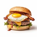Iconic American Bacon And Egg Hamburger On White Background