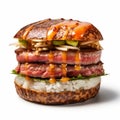 Delicious Sushi And Juicy Beef Burger With Crispy Bacon