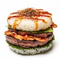 Delicious Sushi Burger With Juicy Beef Patty And Crispy Bacon