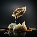Mouthwatering Photography of Gyozas. Modern japanese food on Sleek Black Background. Generative Ai