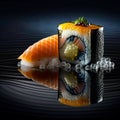 Mouthwatering Photography of Sushi on Sleek Black Background. Ai generated art