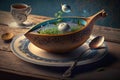 Egg soup in a clay bowl on wooden table