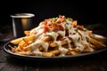 A mouthwatering plate of golden french fries topped with melted cheese and crispy bacon, Crispy loaded french fries with cheese