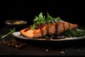 A mouthwatering plate of salmon served with a flavorful sauce and a side of fresh greens, Salmon soy sauce meal served, AI