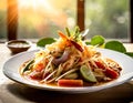 A mouthwatering plate of som tum thai, a classic Thai green papaya salad with a perfect balance of sweet, sour, and spicy flavors