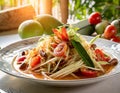 A mouthwatering plate of som tum thai, a classic Thai green papaya salad with a perfect balance of sweet, sour, and spicy flavors