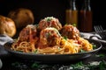 mouthwatering plate of spaghetti and meatballs with drizzle of rich, red sauce