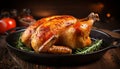 Mouthwatering roast chicken with crispy skin and golden brown perfection, sizzling in a hot pan