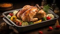 Mouthwatering roast chicken with crispy skin, prepared to perfection in a sizzling pan