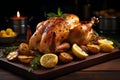 Mouthwatering roast chicken with golden crispy skin, perfectly cooked in a seasoned pan