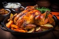 Mouthwatering roast chicken with a tantalizing aroma, perfectly cooked in a sizzling pan