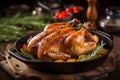 Mouthwatering roast chicken with tender meat and perfectly crispy skin sizzling in a pan