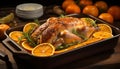 Mouthwatering roast goose expertly prepared and sizzling in a pan, promising a delectable feast