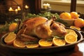 Mouthwatering roast goose in a sizzling pan, perfectly cooked and bursting with flavor