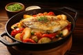 Mouthwatering roasted fish with a crispy golden crust, cooked to perfection in a sizzling pan