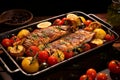 Mouthwatering roasted fish with a delectably crispy golden crust, expertly cooked in a sizzling pan