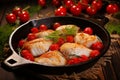 Mouthwatering roasted fish with a golden brown crust, expertly prepared in a sizzling pan